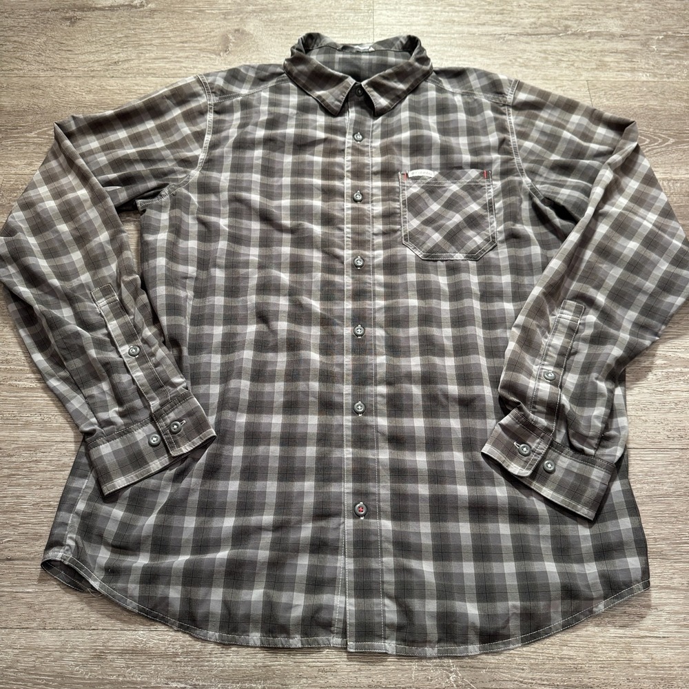 Columbia Shirt Mens Large Brown Gray Plaid Long Sleeve Stretch Performance Adult